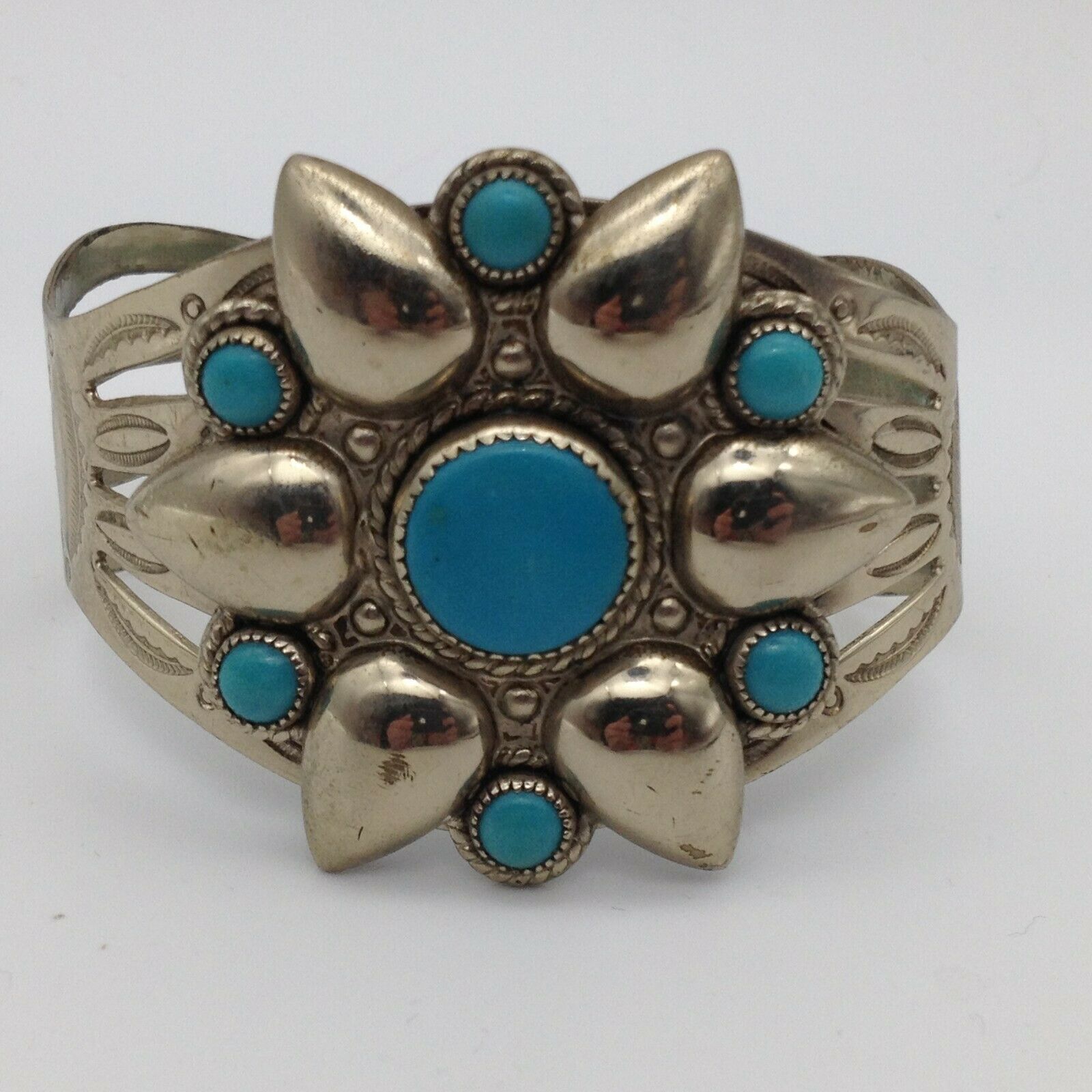 Signed Bell Trading Post Vintage Turquoise Flower Cuff Bracelet Nickel Silver