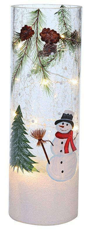 New!! Pretty Christmas / Winter Tall Snowman Crackle Glass Lighted Vase