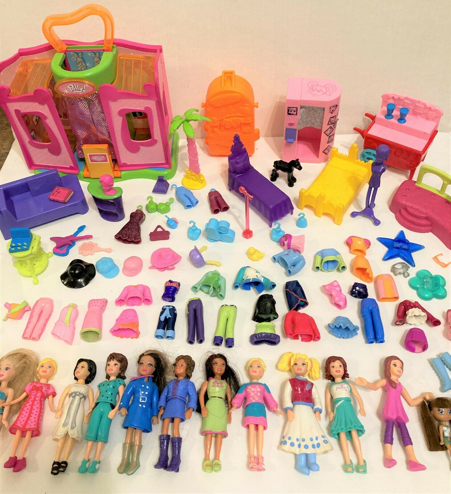 Polly Pocket Lot Of Collectible  Dolls,carry Case, Furniture, Clothes & Shoes