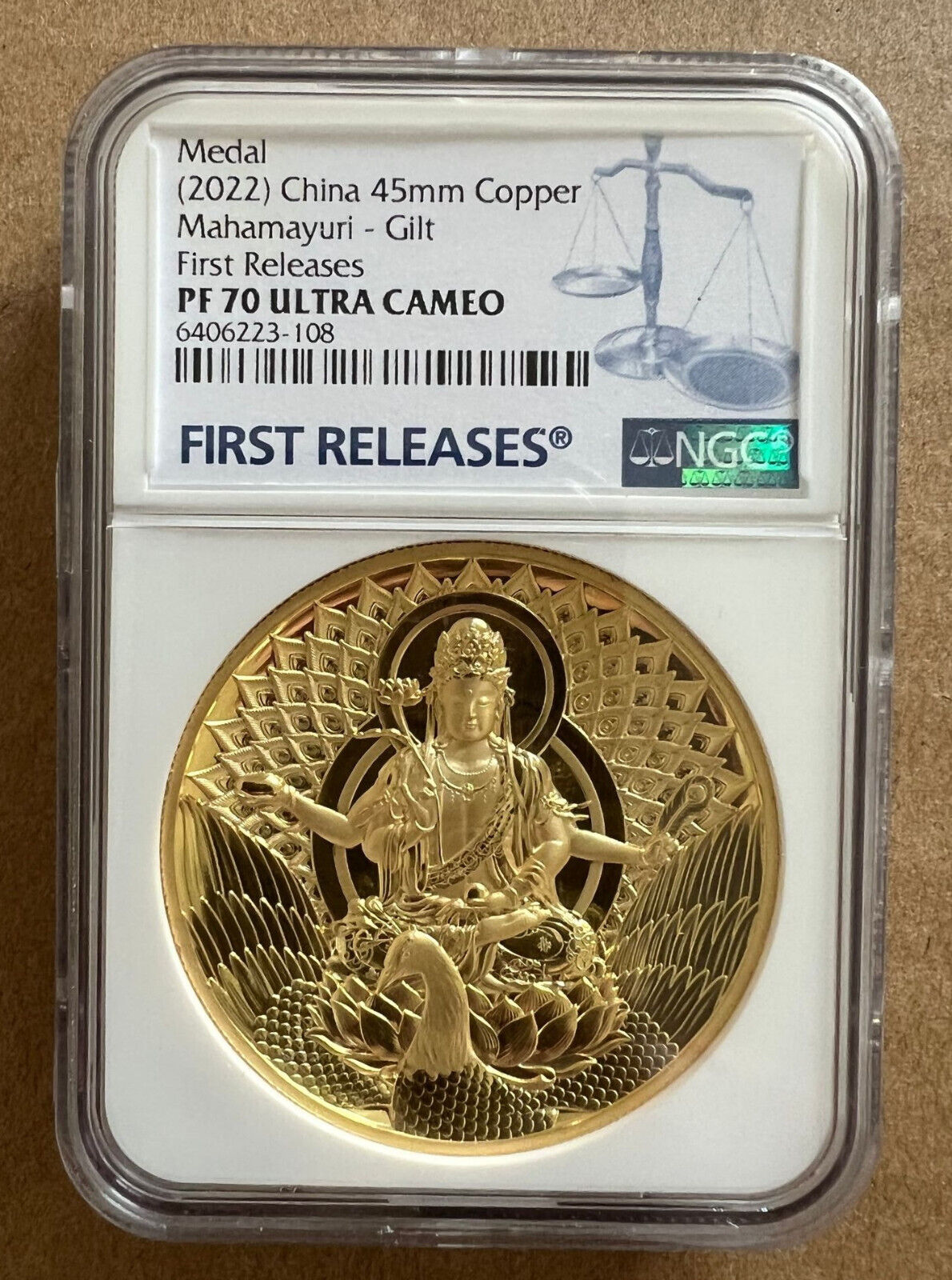 China 2022 Mahamayuri Gilt Copper Medal 45mm Ngc Pf70 Condition