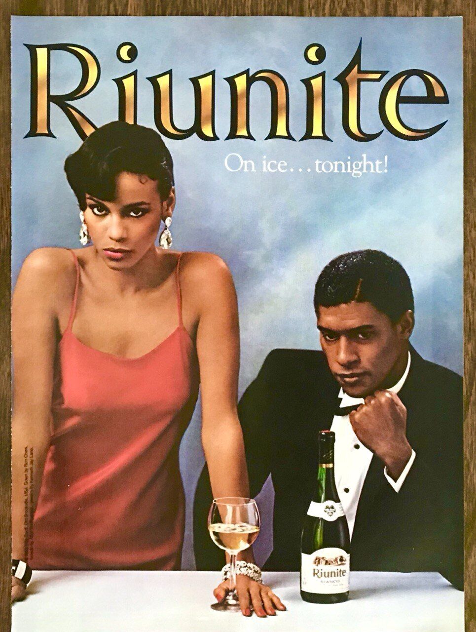1985 Riunite Bianco Print Ad Riunite On Ice Tonight! Grumpy Couple Only 1 Glass