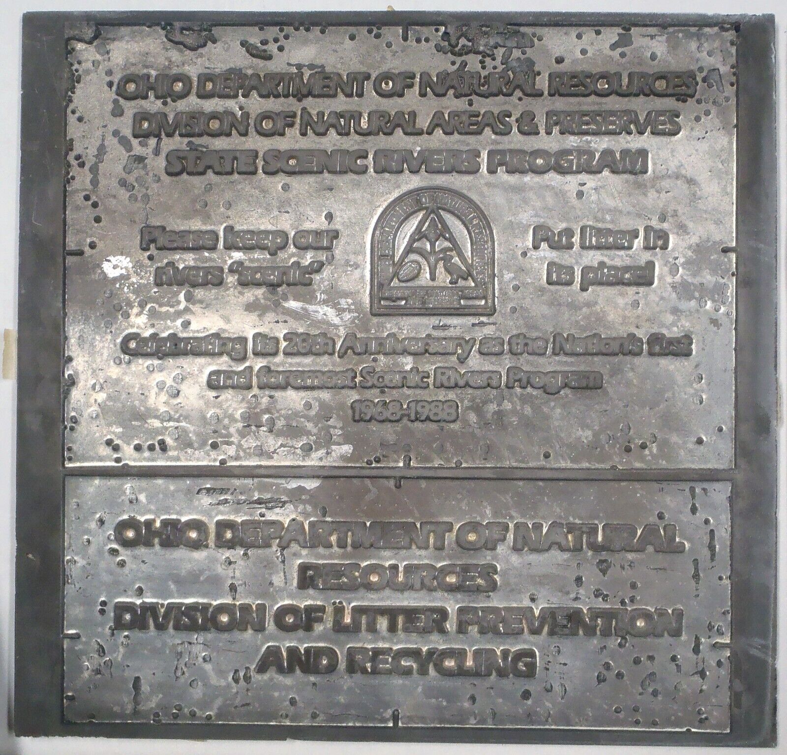 1988 Ohio Dnr Scenic River Program 26th Anniversary Litter Bag Lithography Plate