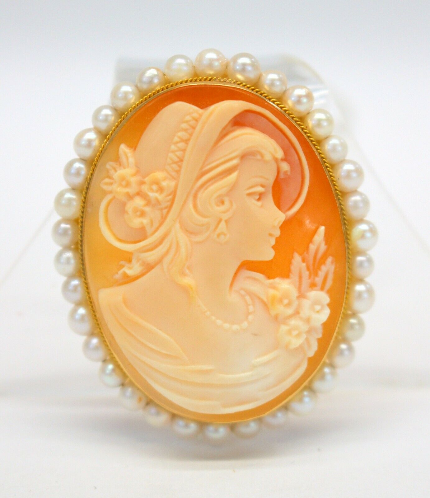 Victorian 14k Yellow Gold Carved Shell And Pearl Cameo Brooch Pendant Beautiful