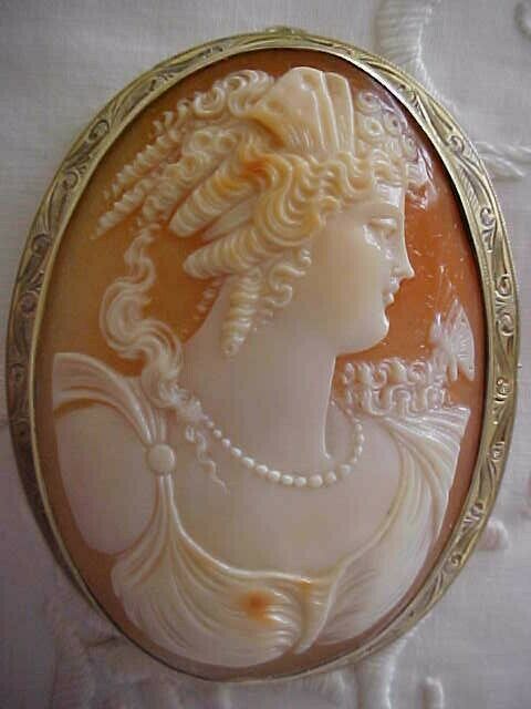 Antique Gorgeous 2.5" Shell Cameo Brooch Pndt Psyche Goddess Of Soul W Butterfly
