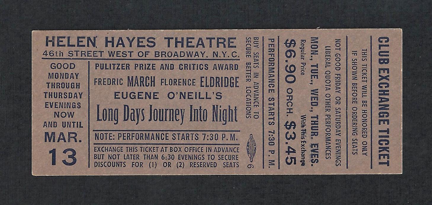 Fredric March "long Day's Journey Into Night" Eugene O'neill 1958 Promo Ticket