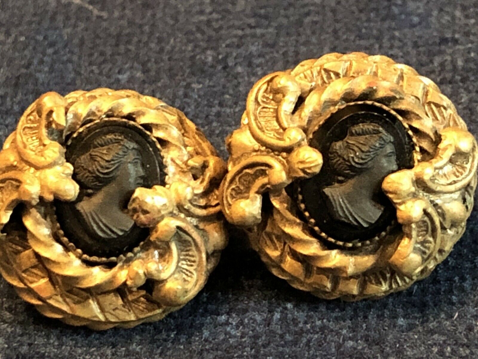 Victorian Edwardian Mourning Black Cameo Earrings Ornate Brass Bronze Screw Back