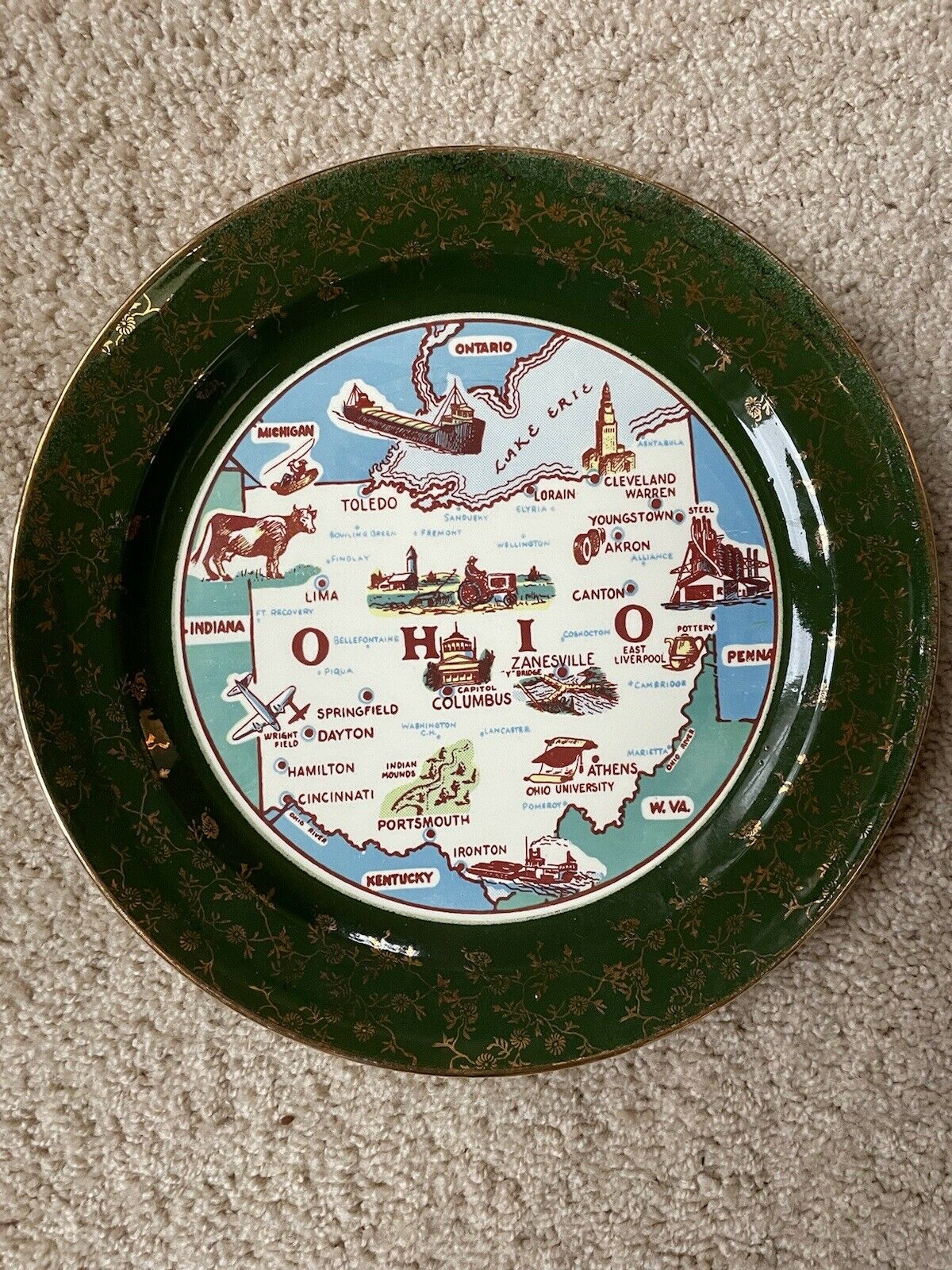 Vintage Smith Taylor Ohio Plate State Souvenir Collector Green Rim Almost 9 1/2”