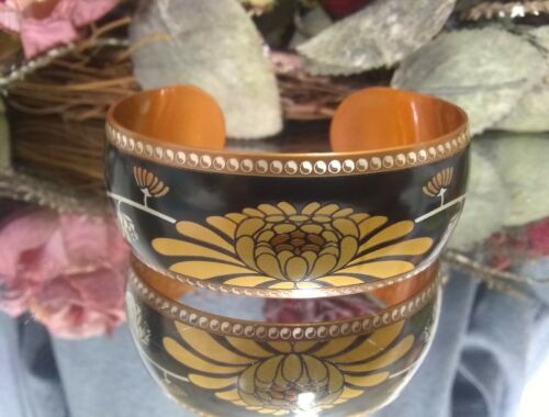 Vintage Enameled Lotus Flower Damascene Copper Cuff Bracelet Marked 80f Freeship