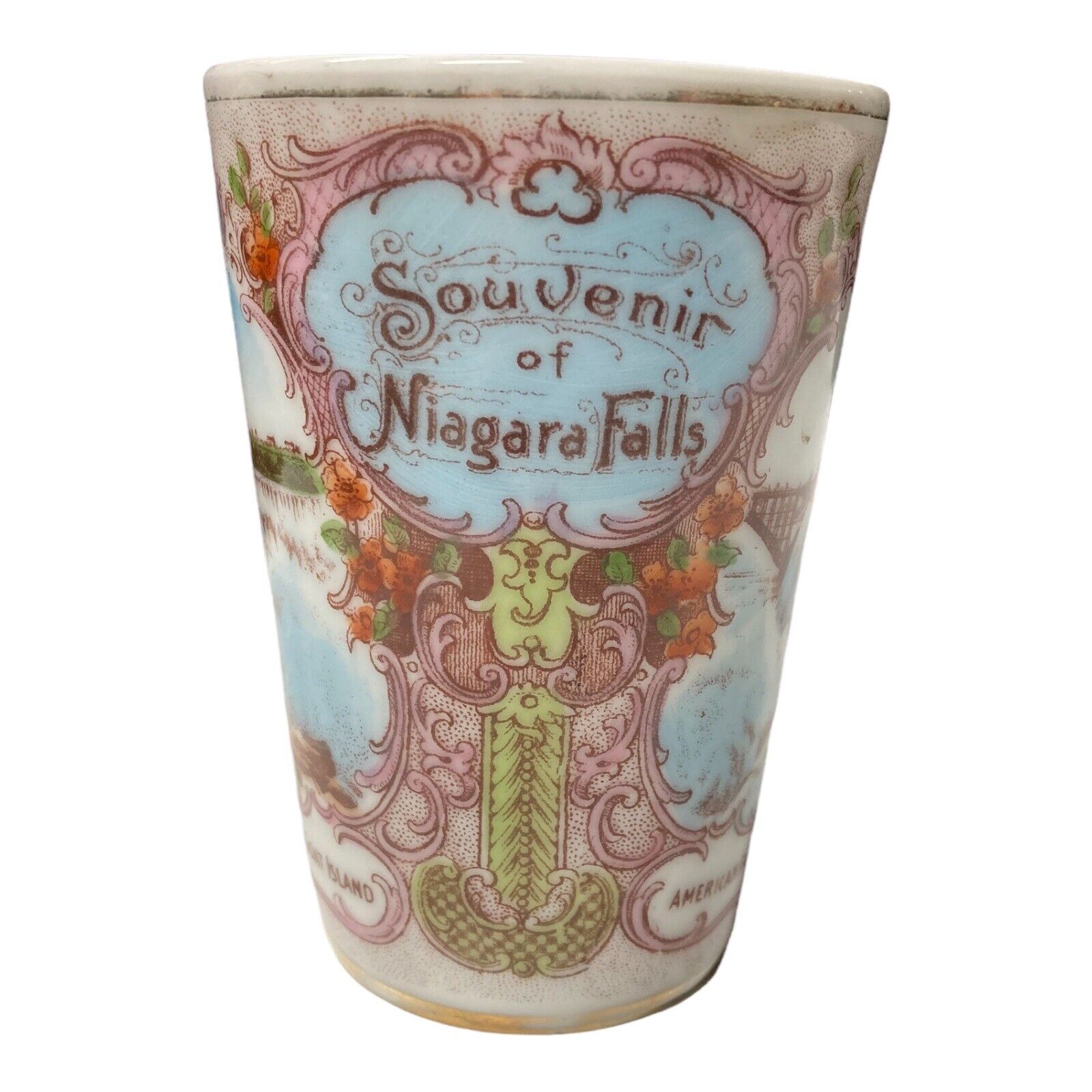 Vintage Niagra Falls Ny German Souvenir China Tumbler Cup 3 Scenes 3¾"h X 2¾"w